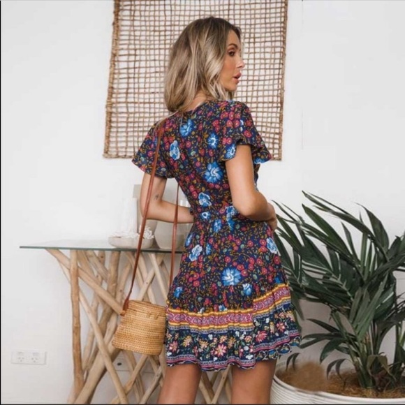 Bohemian Floral Tribal Print Wrap Dress Black - Picture 3 of 3